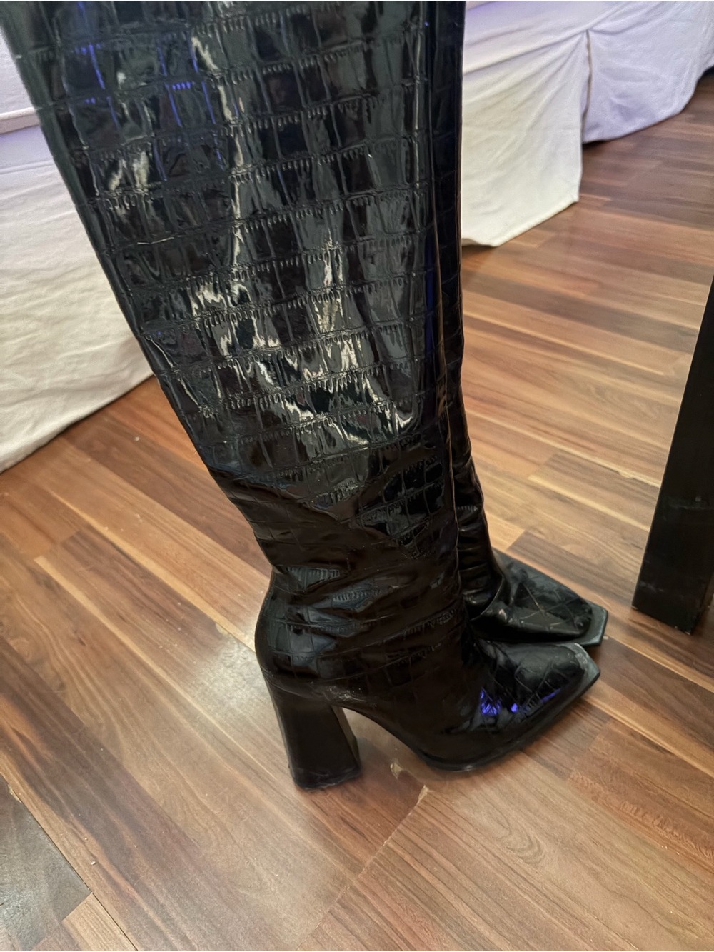 Princess Polly Black Croc-Embossed Knee-High Block Heel Boots